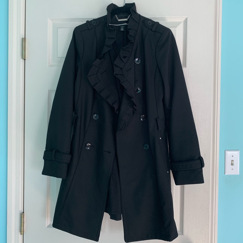 White House Black Market Black Ruffled Trench Coat / Medium